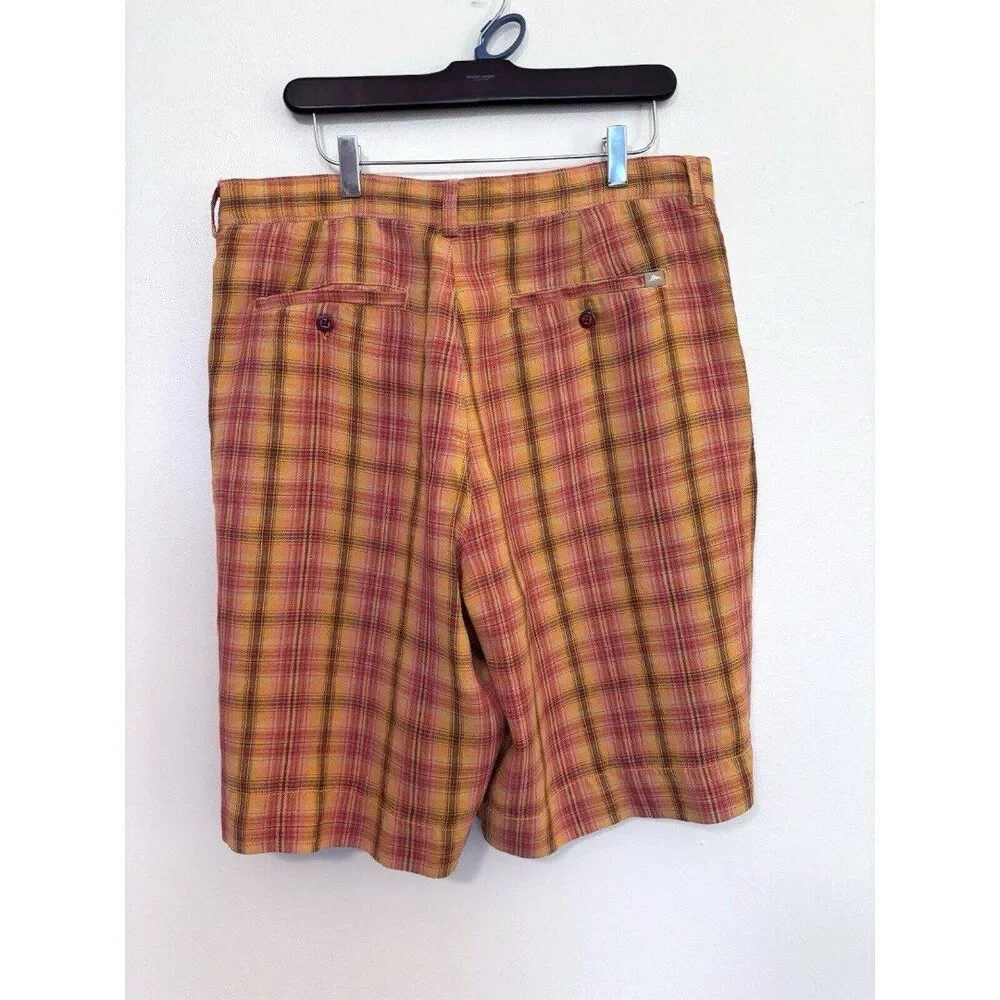 Tommy Bahama Relax Orange Plaid 100% Linen Flat Front Shorts Size 35
